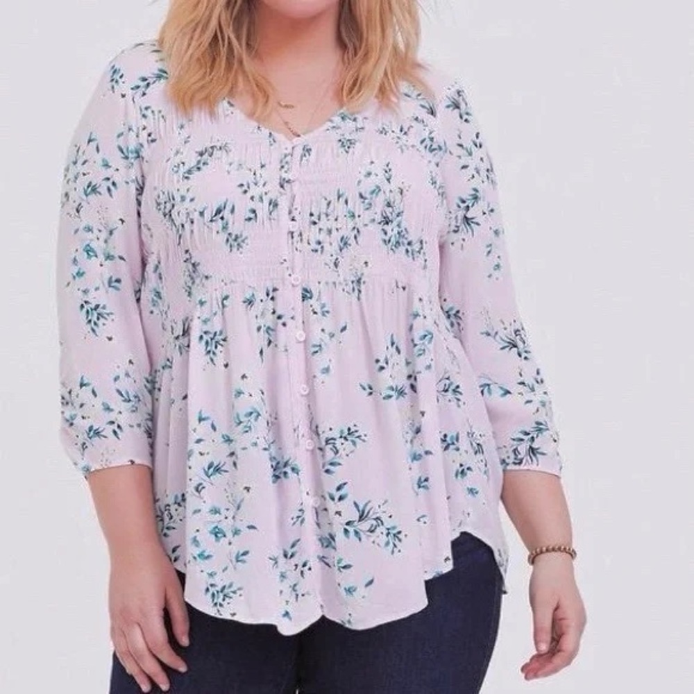 Torrid Crinkle Gauze Smocked Button-Front Floral Blouse